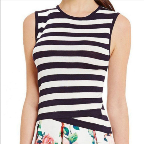 Eliza J Tops - Eliza J Stripe Asymmetrical hem Jacquard Top